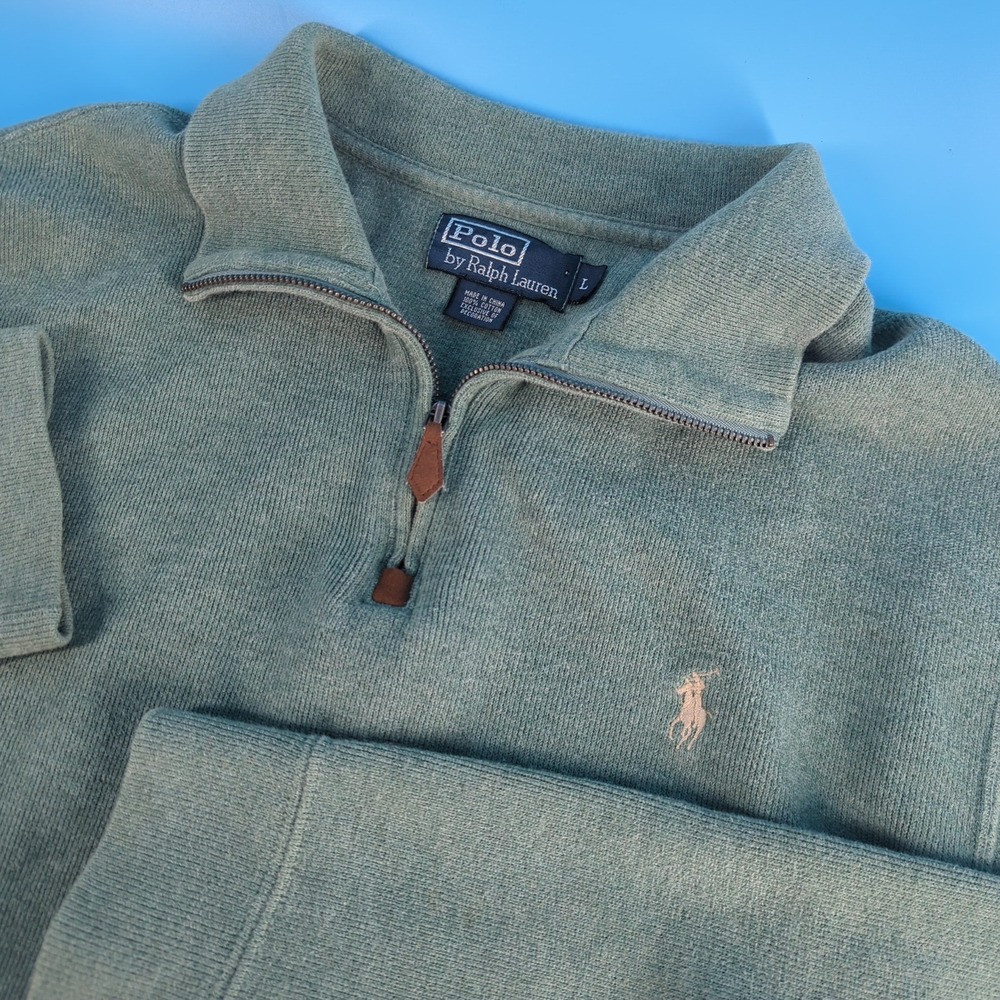Polo Ralph Lauren Mens Large Gray Green Sage Cotton Quarter Zip Pullover Sweater